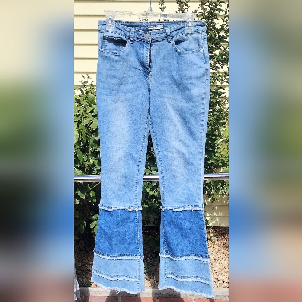 Luxe Moda Blue Flare Wide Leg Jeans with Distinctive Two-Tone Design